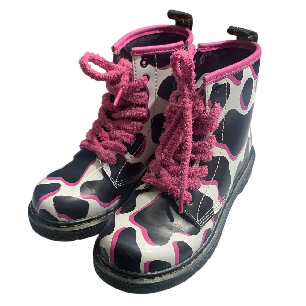 Kids Dr Martens Boots Cow Print Pink Laces Side Zip Youth Size 1‎
